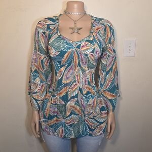 ☆Ninety Teal Multi-Color Leaf Print V-Neck Blouse☆
